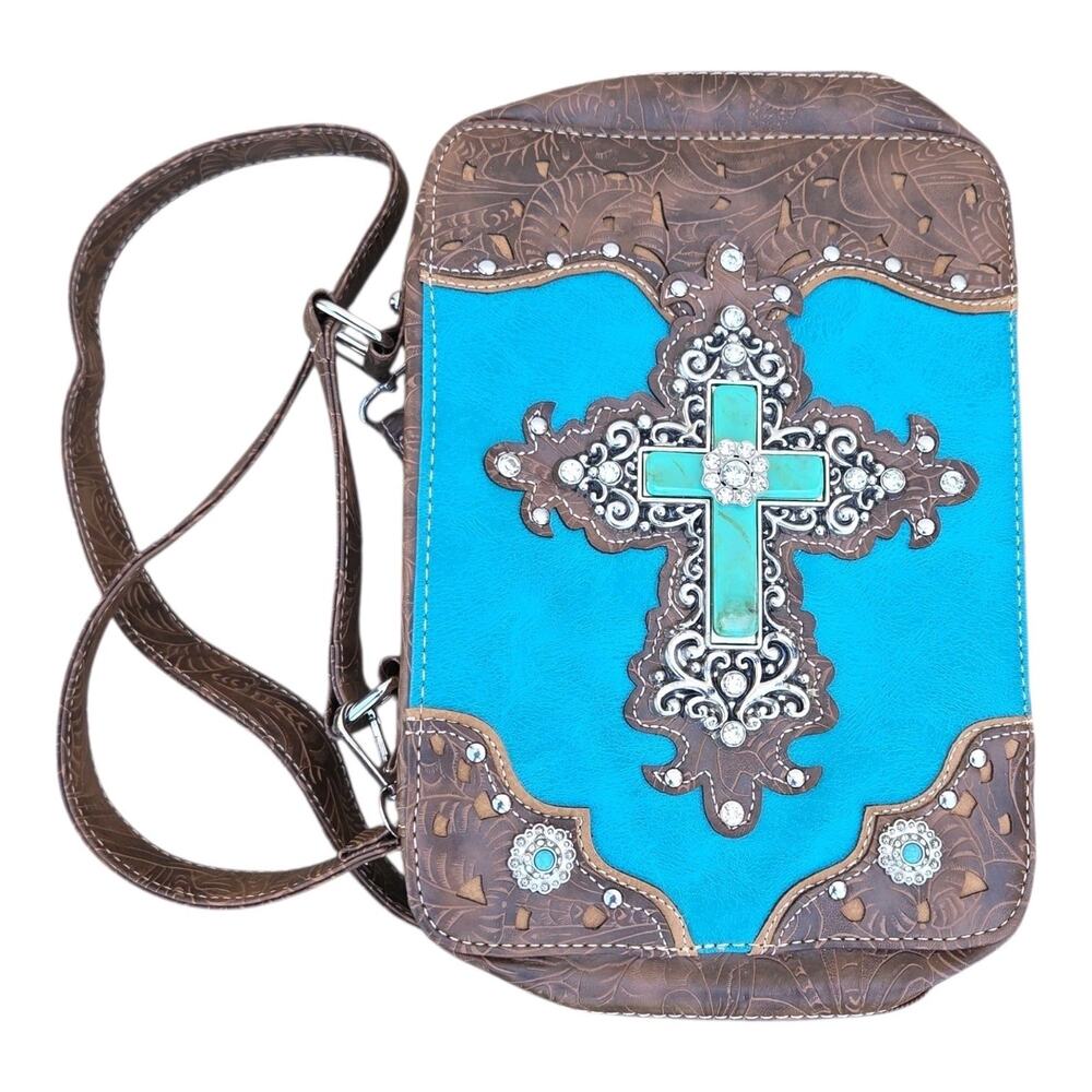 Western Turquoise Bible Cover Bag Cowgirl Cross Rhinestone Purse with Strap